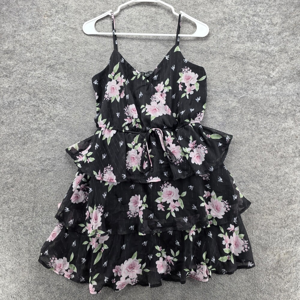 Trixxi Dress Womens Medium Sleeveless Tiered Black Floral